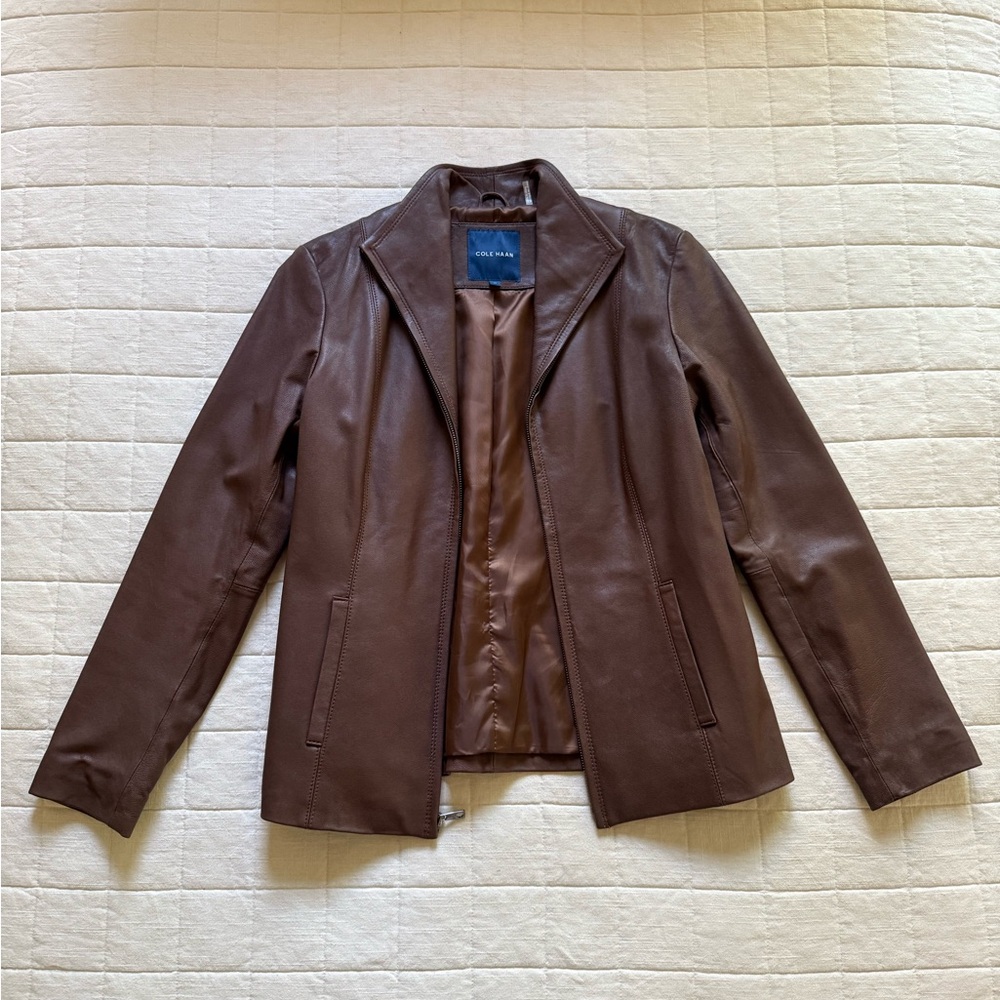 NWOT Cole Haan Leather Wing Collar Jacket • Size M